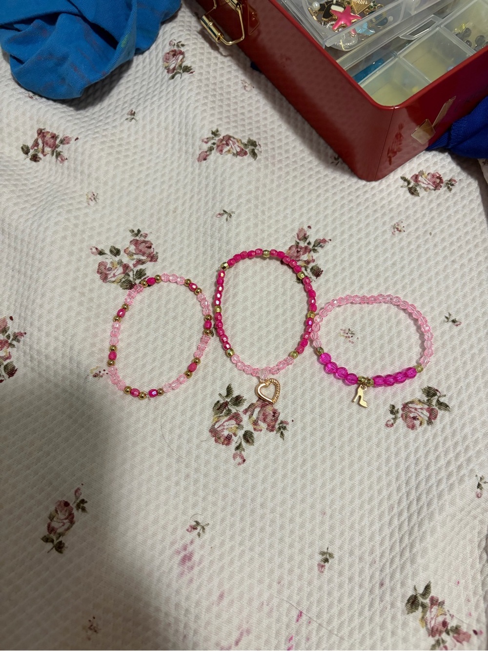 Barbie Pink Beaded Bracelet Trio with Heart & Initial Charms